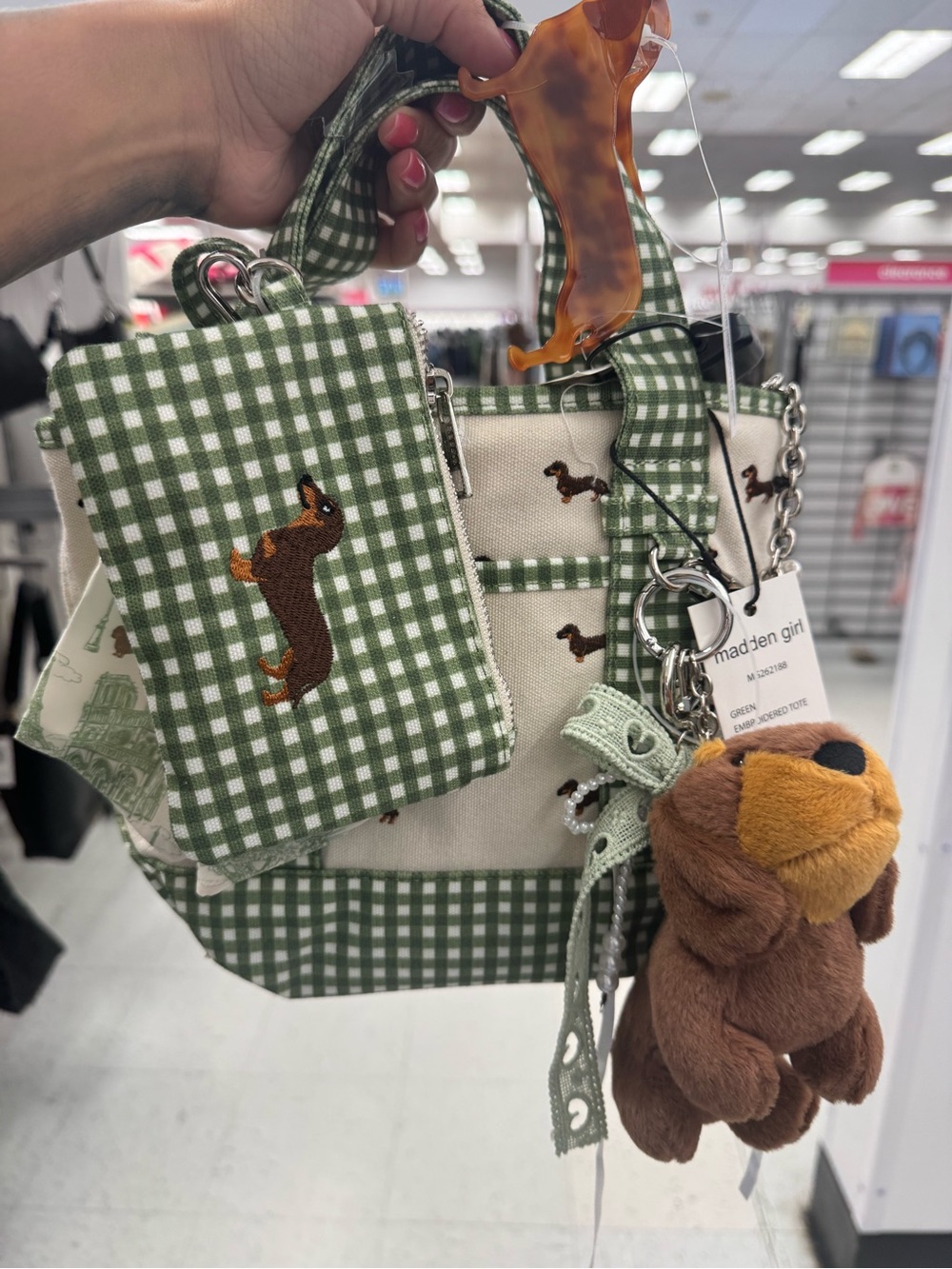 madden girl Green Gingham viral Tote with Dachshund Embroidery